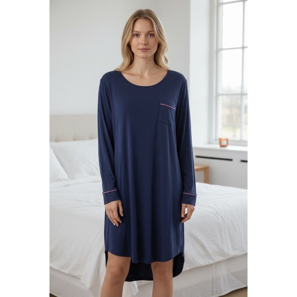 Allegra K Blue Rayon Spandex Sleep Gown Nightshirt XL Soft Long Sleeve Pajamas - Picture 2 of 8